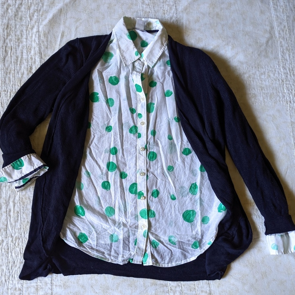 Silk-blend watercolor dot button-up blouse